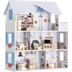 Деревянный кукольный дом Navaris - включает 11 х мебель 4 х аксессуары - кукольный дом от 3 лет - игрушечный кукольный дом 3 уровня - 69,5 х 62 х 27 см - де