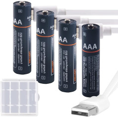 Kamnnor Перезаряжаемые литиевые батареи AAA, 1,5 В USB Перезаряжаемые литий-ионные батареи AAA 750 мВтч с зарядным кабелем 4-в-1 Type C, быстрая зарядка за 