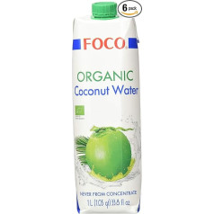 FOCO Organic Coconut Water Pure Refreshing Thirst Quencher Sports Drink Low Calorie Naturally Vegan 100% Coconut Water - 6 x 1 Litre