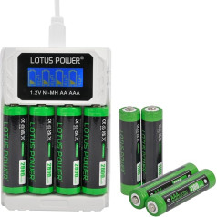 LOTUS POWER Универсальное зарядное устройство на 4 отсека + 4 аккумулятора AA + 4 аккумулятора AAA в комплекте, LCD NiMH зарядное устройство с аккумулято