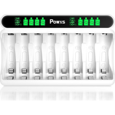 POWXS Зарядное устройство для NiMH аккумуляторов AA AAA, 8-позиционное зарядное устройство с ЖК-дисплеем и входом USB и Type-C