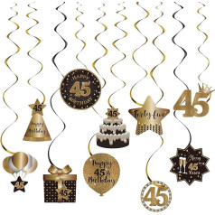 Happy 45th Birthday Hanging Swirls Streamers Ceiling Decorations Celebration 45 Foil Hanging Swirls with Cutouts for 45 Years Old Black and Gold Birthday Party Decorations Supplies