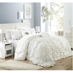 Chic Home CS1430-AN Halpert Floral Pinch Pleat Ruffled Designer Embellished King Comforter Set, 6-Piece, White