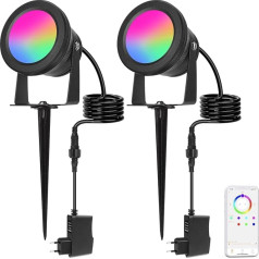 Richsing Garden Lighting, 15 W RGB Garden Light LED with Ground Spike, IP67 Waterproof Smart Spot LED Dimmable, 2 Pieces Garden Spotlight with Bluetooth App, Garden Lamp with Cable Plug, LED Spotlight