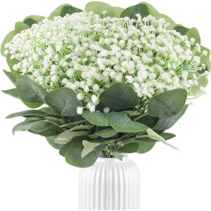 LUCKNIGHT Kunstblumen, 36 Stück Schleierkraut, künstliche Blumen, mit 10 Eukalyptus-Kunstblumen, grünes Band, weiße künstliche Blumen für Blumenarrangement, Hochzeit, Party, Haus, Garten, Dekoration