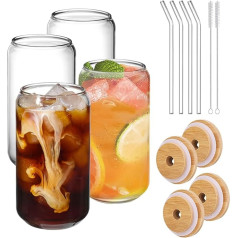 Disnace 4-Piece Set Preserving Jar with Bamboo Lid and Straw, Wide Mouth Preserving Jar, Iced Coffee Glass, Drinking Glasses, Beer Mug, Fruit Juice Cup, Mason Glass Tumbler Cup, Bubble Tea Cup