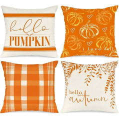 Benjia Pack of 4 Cushion Cover Autumn Cushion Cover 45 x 45 cm, Pumpkin Checked Leaves Autumn Cushion Decorative Autumn Cushion for Thanksgiving Halloween Bed Linen Sofa Decorations Orange 45 x 45 cm