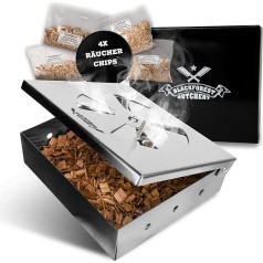 Blackforest Butchery BBQ Smoker Box Set Including Smoking Chips - Stainless Steel Smoker Box - Smoker Grill Flair for Every Grill Model - Dimensions: Д 22 см х Ш 12,5 см х В 4 см