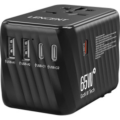 LENCENT Международный адаптер для путешествий, 65W GaN3 универсальный адаптер с 2 USB A+3 Type C PD, мировой адаптер питания для мобильных телефонов, ноут