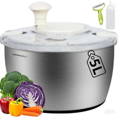 GROWZELT XXL Salad Spinner Stainless Steel 5 L with Peeler and Squeeze Bottle Dishwasher Safe Ideal Salad Spinner Large for Washing and Drying Salad