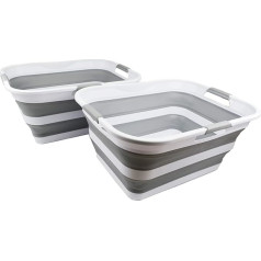 SAMMART 42L Collapsible Plastic Laundry Basket - Foldable Pop Up Storage Bin / Organiser - Portable Washing Tray - Space Saving Basket/Basket (White/Grey (Set of 2))