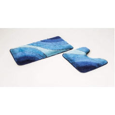 Goodway Wave 2-Piece Bath Mat Set, Blue with Cut-Out, Non-Slip, Machine Washable, Suitable for Underfloor Heating