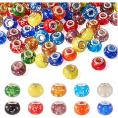 Beadthoven 100 Pieces Glow in the Dark Lampwork Glass Beads European Large Hole Snake Chain Sliding Pendants with Brass Double Core for Jewellery Making Hole:5mm