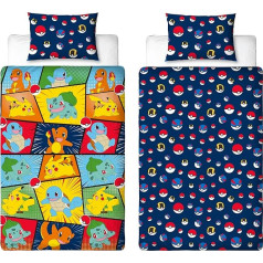 Pokemon Kids Duvet Cover Set Officially Licensed Pikachu Bulbasaur Charmander Squirtle Design Reversible 2 Sided Bedding with Matching Pillowcase Kids Bedding Set