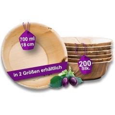 Органические миски из пальмовых листьев Waipur - 200 больших мисок диаметром 18 см / 700 мл - одноразовая посуда премиум-класса, пригодная для компо