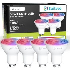 sailsco Matte Alexa Light Bulb Smart Lamp GU10, WiFi Lamp LED Compatible with Smart Life/Alexa, Dimmable Warm White Cool White and Multicoloured Bulb, Control by App, No Hub Required, 4.5 W, 345 lm,