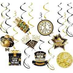 Silvester Dekorationen 2025 Hängende Wirbel, Happy New Year Dekorationen 2025 Schwarz Gold Hängende Wirbel Luftschlangen Prost Silvester Deckendekorationen Partyzubehör für Zuhause Indoor Outdoor