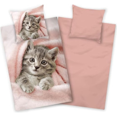 Aminata kids Cat Bed Linen 135 x 200 cm Cotton Girls Reversible Children's Bedding Set Cat Motif Cat Baby YKK Zip Pink Cute