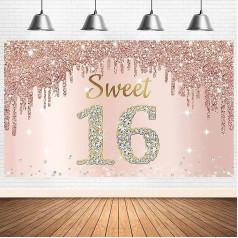 Happy Sweet 16th Birthday Banner Background Decorations for Girls, Rose Gold Sweet 16 Birthday Party Sign Supplies, Pink Sweet Sixteen Birthday Poster Background Photo Booth Props Decor