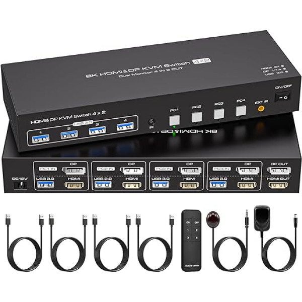 VPFET 4K144Hz HDMI Displayport KVM переключатель 4 ПК 2 монитора 8K60Hz DP 1.4 HDMI 2.1 4 портовые KVM переключатели для 4 компьютеров 2 монитора и 4 USB 3.0 В комплекте адап