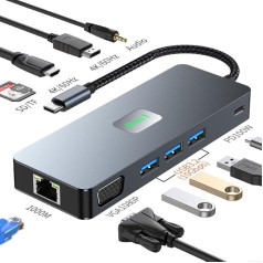 USB C Hub, док-станция USB-C Adapter 11-in-1 Multiple Plug Splitter for MacBook Pro Air M1, 4K 60Hz HDTV, 3 USB 3.2 10Gbps, VGA, Ethernet Lan, 100WPD, for iPad and Other Type-C Devices