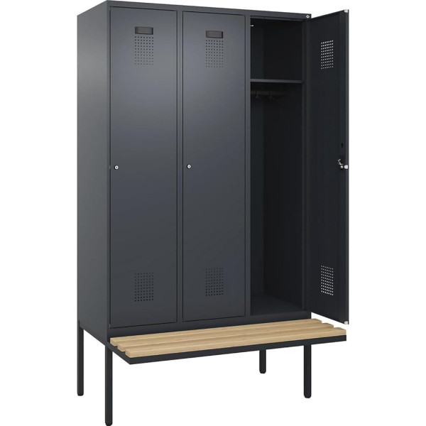 kaiserkraft | Spind Evolo Plus Sitzbank | 3 Abteile | grau | B 1200 mm | Zylinderschloss | mit auskragender Sitzbank | Buche