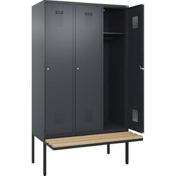 kaiserkraft | Spind Evolo Plus Sitzbank | 3 Abteile | grau | B 1200 mm | Zylinderschloss | mit auskragender Sitzbank | Buche