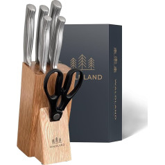 WALDLAND Premium Knife Block with Knife - 7-Piece Knife Set I Knife Block with Kitchen Knife Set and Integrated Knife Sharpener I Robust Oak I Knife Set I Knife Set
