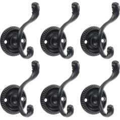 TsunNee 6 x Vintage Double Coat Hooks, Heavy Duty Wall Hooks, Coat Hooks, Hat Hooks, Master Bedroom Hooks, Decorative Door Hooks with Screws for Bathroom, Kitchen, Office, Black