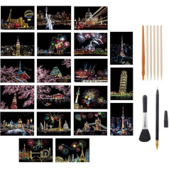 tao pipe 20 Pieces Scratch Art Paper DIY Night View Scratch Board Rainbow Painting Art Craft Scratch World Famous City Landmarks DIY Art Set with Tool Set (A5 Size)