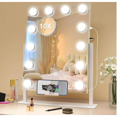 S'bagno Hollywood Make-Up Mirror with Lighting 40 x 30 cm, Mirror with Lighting and 10 x Magnifying Glass & USB, 360° Rotation Cosmetic Mirror with Light, Mobile Phone Holder, 12 LED Beads, 3 Light