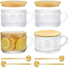 Набор из 4 прозрачных кофейных чашек с 4 крышками 4 ложками, 450 мл/16 унций Винтаж рельефный с ручкой Овсяные стаканы, завтрак чашки для каши, м