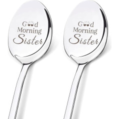 GLOBLELAND Набор из 2 ложек из нержавеющей стали с лазерной гравировкой Гладкая твердая с четкой надписью Доброе утро сестра с коробкой для сест