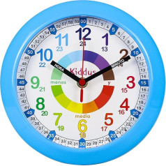 KIDDUS ESPAÑOL Azul Детские настенные аналоговые часы с упражнениями для изучения времени. Бесшумные часы. Много языков