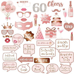 60th Birthday Party Photo Booth Props and Signs, Rose Gold 60th Birthday Party Selfie Props Kit with Sticks for Girls Women, 60th Birthday Party Decorations Supplies Party Favors