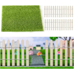 KARLOR Miniatur Kunstrasen mit Minizaun Set, 2 Zaun+ Kunstrasen 30x30CM, Holz Gartenzaun Mini Garten Deko Feengarten Zaun Kunstrasen zum basteln Kunstrasen Teppich für Mikrolandschaft Wichtel Garten