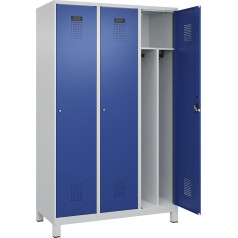 kaiserkraft | Spind Evolo Plus Trennwand mittig | 3 Abteile | lichtgrau/enzianblau | B 1200 mm | mit Breiten Füßen | Zylinderschloss