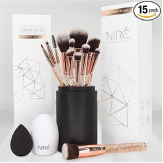 Набор кистей для макияжа Niré Beauty, 15 штук: Профессиональные веганские кисти с футляром, спонж для макияжа Niré, средство для очистки кистей, ру