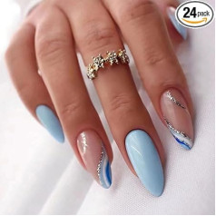 Pack of 24 Short False Nails French Tip Blue Stick On Nails Almond Press On Nails Removable Glue-On Nails Fake Nails Women Girls Nail Art Accessories