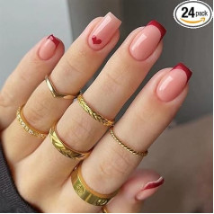 Pack of 24 Short Square False Nails French Red Tip Press On Nails Red Heart Stick On Nails Removable Glue On Nails Fake Nails Acrylic Full Cover Nails Women Girls Nail Art Accessories