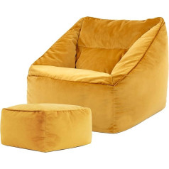 Icon Natalia Bean Bag Chair with Stool for Adults, Yellow, Fluffy Velvet Fabric, Giant Velvet Bean Bag with Filling, Bean Bag Chair, Comfortable Chair for Living Room, Lounge, Bedroom, Office