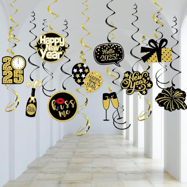2025 Новый Год Украшение Висит Вихри, Счастливый Новый Год 2025 Украшение Черное Золото Вихрь Streamers Cheers 2025 Новый Год Вечеринка Украшения Постав