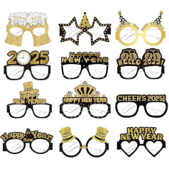 CKCSHI 12 Stück Happy New Year Brillen, Silvester-Partybrillen, 2025 Papiergläser, ausgefallene Neujahrsparty-Brille, Glitzer-Happy New Year Brillen für Silvester, Partyzubehör, Dekoration
