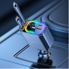 CODEYO Выдвижное автомобильное зарядное устройство 4 в 1 с прикуривателем USB C, 146 Вт автомобильное зарядное устройство, 2,9 футов кабель, RGB свет, 