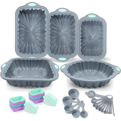 To encounter 46-Piece Silicone Baking Moulds Set, Metal Framed Silicone Cake Moulds, Non-Stick Ribbed Loaf Pans for Muffin, Bread, with Silicone Cupcake Mould, Measuring Cup and Spoon Set, Light Grey