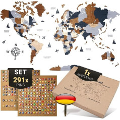 WOW WOOD Premium Wall Decoration 3D World Map Wood in German with Pins, Крепление на стену без инструментов, Идея подарка на любой случай, Настенное украшение из дерева дл