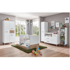 Lomadox Комплект для детской комнаты Шкаф Детская кровать Ящик Шкаф Полка Пеленальный столик Настенная полка Сканди Стиль Белый с дубом