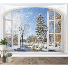 LB Winter Landscape Wall Towel Pine with Snow Outside the Window Wall Hanging Natural Tapestry for Living Room Bedroom Dorm Wall Decoration 200 x 150 cm