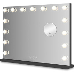 Голливудское зеркало со светодиодной подсветкой - Зеркало для макияжа черное 58 x 46 см с 15 регулируемыми лампами, 3 режимами света (теплый, хо