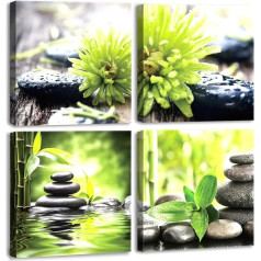CHDITB Pack of 4, 40 x 40 cm, Green Zen Wall Art, Wellness Plant Poster, Asia Wellness Zen Spa Pictures, Stone Pyramid Stones Bamboo Wall Art Relaxation, Modern Wall Picture for Office, Bedroom,